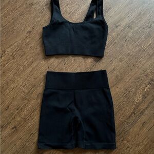 Black Ribbed Sports Bra and Shorts Set